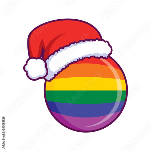 LGBTQ rainbow christmas ball with santa hat icon vector. LGBTQ pride flag christmas bauble with santa hat isolated on a white background graphic design element