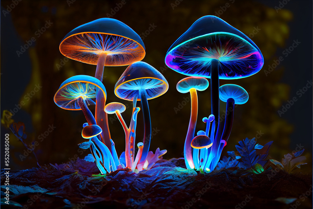 Psychedelic mushroom patch neon colors generative art Stock