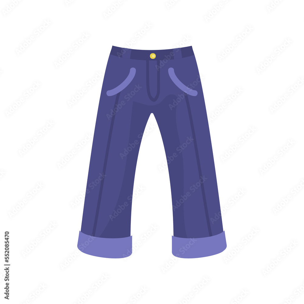 Pair of dark blue jeans for babies and kids cartoon illustration. Hand drawn jeans on white background. Childrens wardrobe, fashion concept Pair of dark blue jeans for babies and kids cartoon illustration. Hand drawn jeans on white background. Childrens wardrobe, fashion concept
