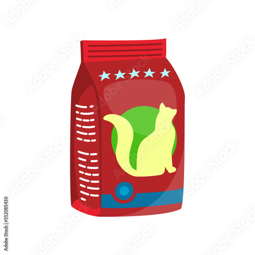 Red bag of food for cats or felines cartoon illustration. Cartoon drawing of pet food or snack isolated on white background. Pet shop, domestic animal, care concept