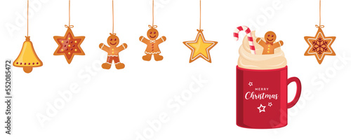 christmas card with hanging gingerbread cookies and cocoa drink