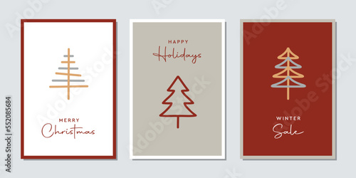 set of christmas greeting cards with fir tree in gold