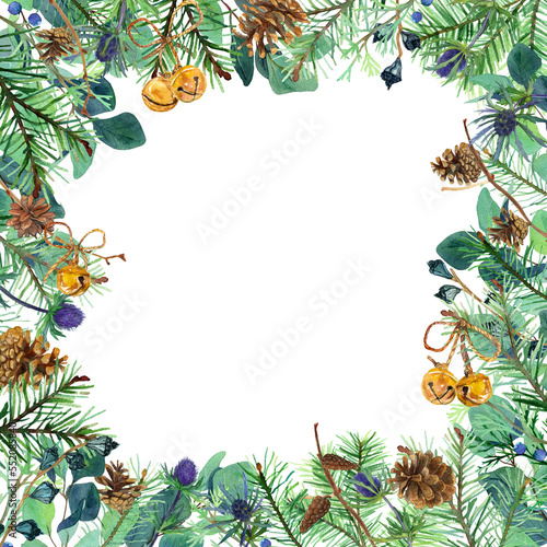 Watercolor Village Rustic Frame Clipart. Christmas Tree, Bells & Pine Cones, Eucalypt Winter Border isolated, Greenery Background in country style for season offer. Template just add your text.
