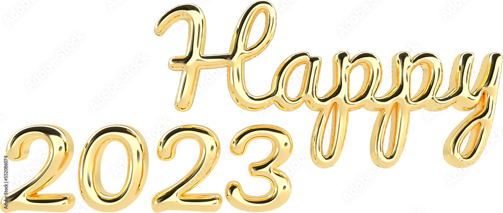 Fototapeta premium Happy 2023 Golden 3D Metallic Chrome Cursive Text Typography 