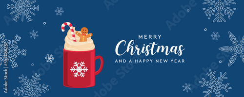 merry christmas greeting card hot drink with gingerbread on snowflake background