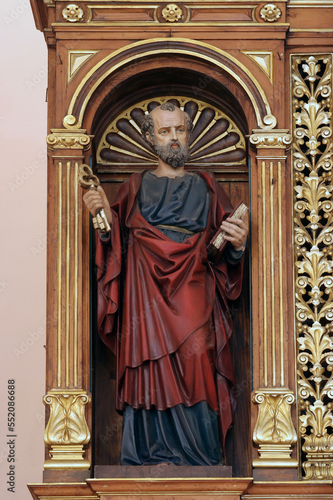 Saint Peter, statue on the main altar in the parish church of Wounded Jesus in Gradec, Croatia