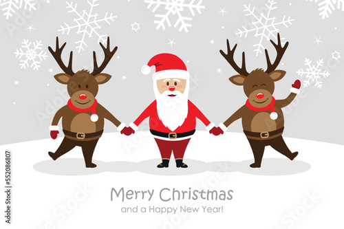 christmas greeting card with cute santa and deer on snowy background