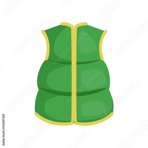 Green puffer vest for babies and kids cartoon illustration. Hand drawn vest on white background. Childrens wardrobe, fashion concept
