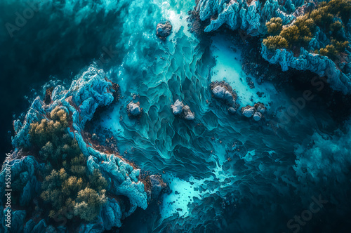 Aerial view of sea waves and fantastic Rocky coast. Summer seascape from drone. Travel. nature texture background. Generative AI