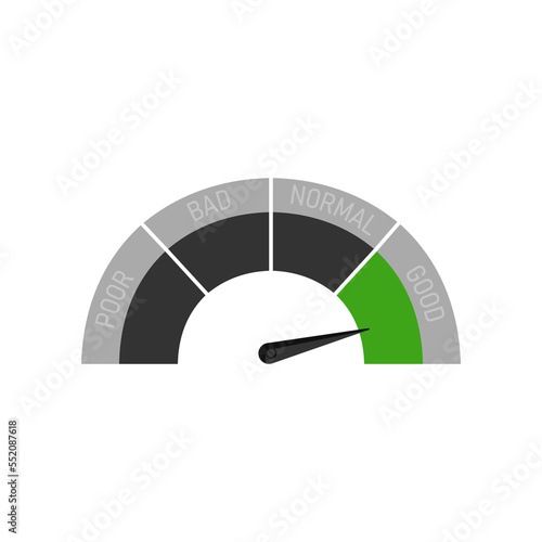 Business credit with good score half circle speedometer. Indicator with color blocks from red to green, customers satisfaction with service. Evaluation, gauge rating meter concept