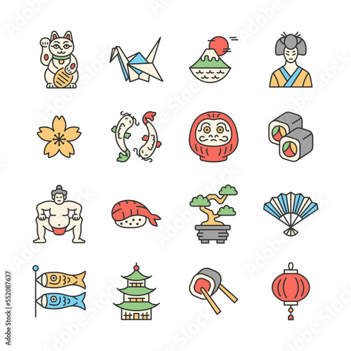 Japan line color icon set. Japanese traditional vector sign with sakura, origami, maneki neko cat, daruma, koi fish, sushi, pagoda, sumo wrestler, geisha.