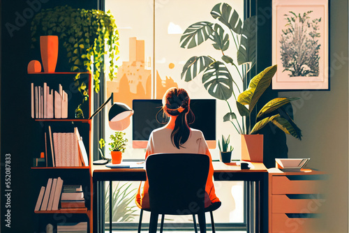 Young Woman Working from Home. Generative AI