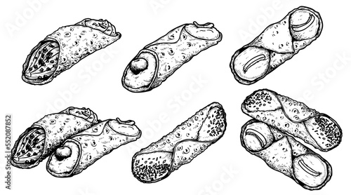 Hand drawn sketch style Cannoli set. Traditional Italian dessert. Cannoli Siciliani. Retro style vector illustrations. Best for menu and package designs. Isolated on white background.