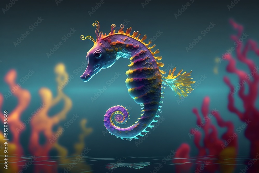 Multicoloured seahorse under water , created with generative AI technology - obrazy, fototapety, plakaty 