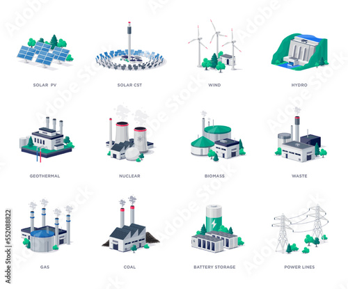 Isolated electric energy power station generation types. Mix of solar, water, fossil, wind, nuclear, coal, gas, biomass, geothermal, battery storage and grid lines. Renewable pollution plant resources