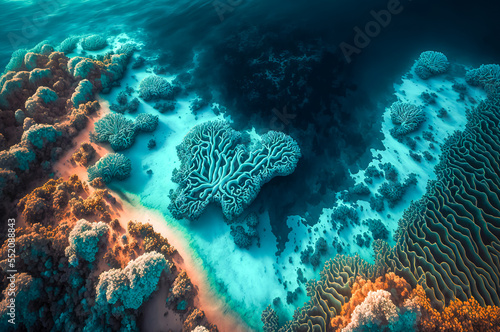 Aerial view of sea waves and great barrier reef. Summer seascape from drone. nature texture background. Generative AI