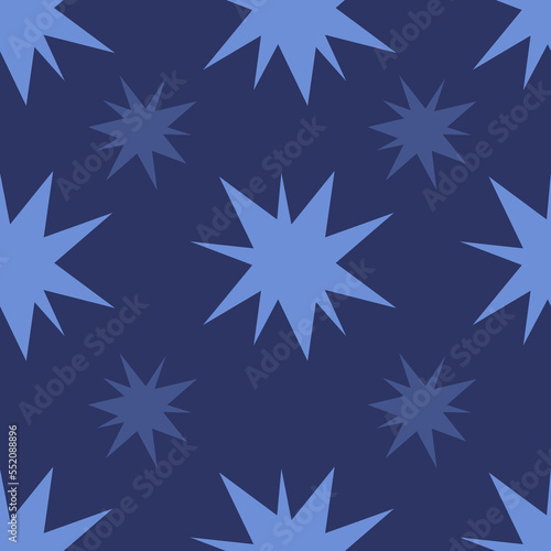 illustration of seamless pattern blue abstract star on blue background. Print for printing on clothes, dishes, paper, textiles.