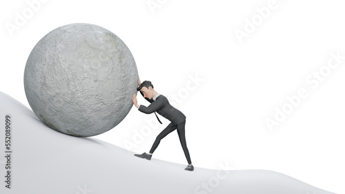 3d render. Sisyphus business concept of a man pushing a huge rock up a mountain in an impossible task showing determination and endurance