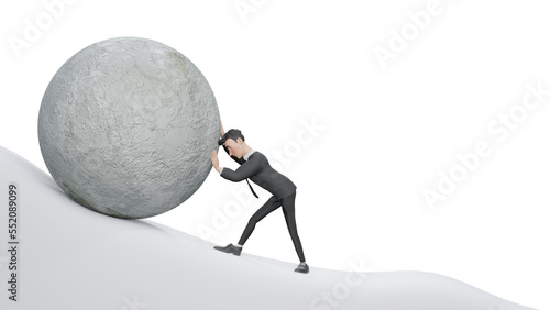. Sisyphus business concept of a man pushing a huge rock up a mountain in an impossible task showing determination and endurance