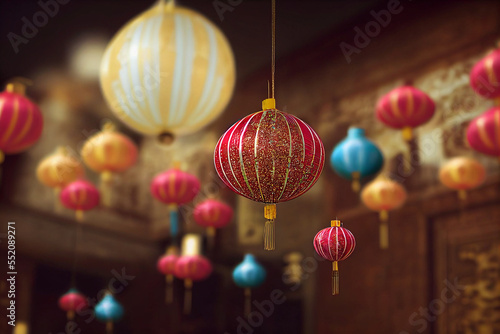 Happy Chinese New Year. Hanging glitter lantern, paper fans in East Asian style.