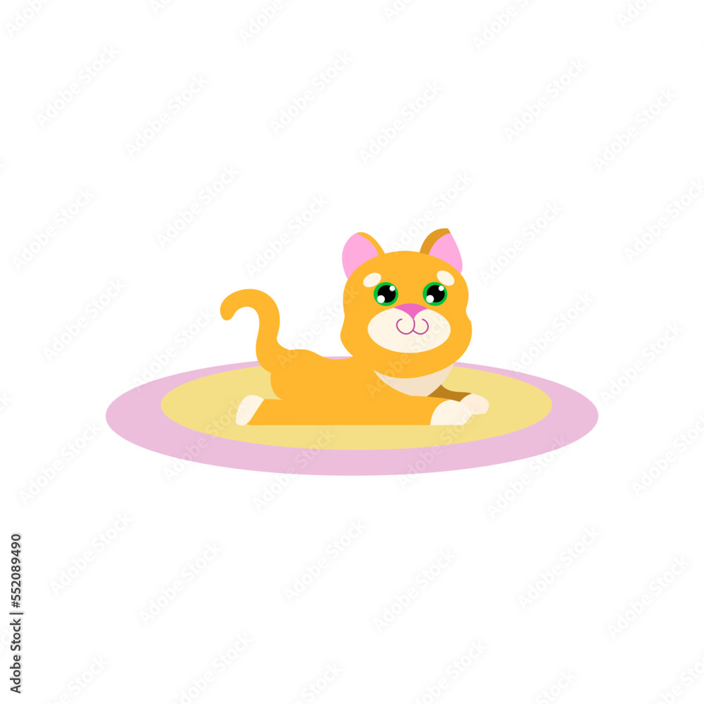 Fototapeta premium Cat cartoon character lying on carpet vector illustration. Cute kitten growing from little to adult and elderly, small stage of growth isolated on white background. Pets, time concept
