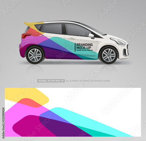 Bbranding Car mockup and wrap decal design. Company Car mockup. Branding vehicle graphics. Abstract corporate identity background dsgn for company car and flyer design. Editable vector template 
