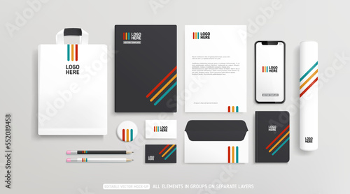 Brand Identity Mock-Up of stationery set with black and white minimalistic design. Business office stationary mockup template of File folder, annual report, brochure, business flyer, paper bag