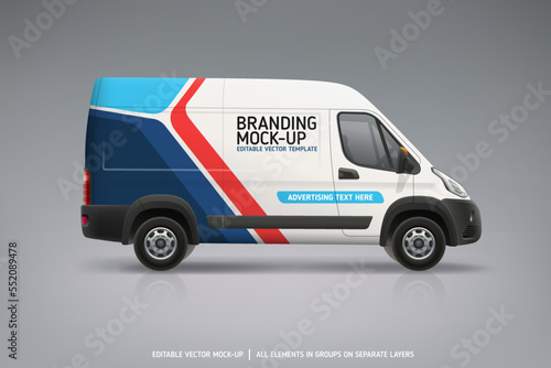 Realistic Company Van mockup with wrap design. Abstract graphics on corporate vehicle. Company delivery van. Branding vehicle. Editable vector