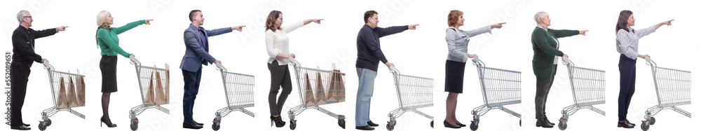 a group of people with a shopping cart point their fingers in front of them a group of people with a shopping cart point their fingers in front of them