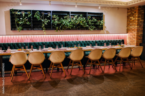The festive table in the restaurant is covered. Food, plates and dishes.