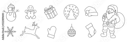 Conjunto de iconos de Navidad, estilo línea simple. Feliz navidad. Regalo, gorro, guante, árbol, Santa Claus, reno, muñeco de nieve. Ilustración vectorial