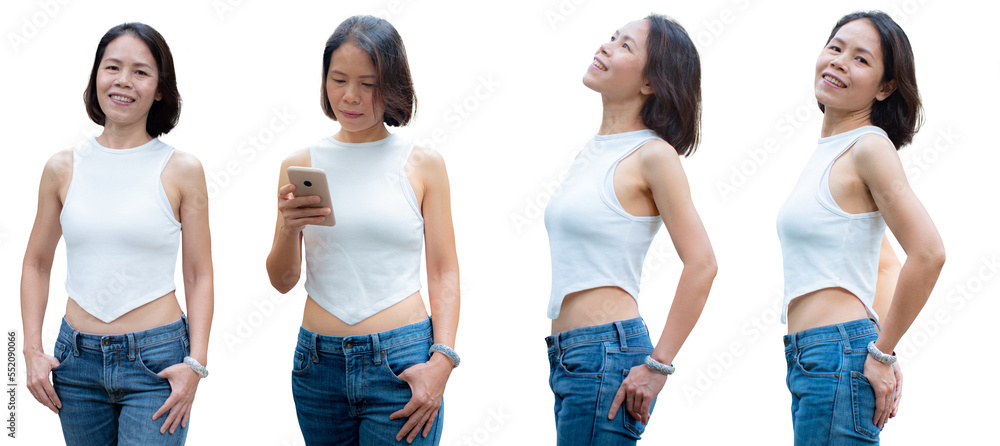 Obraz premium Set photo. Middle-aged Asian woman, model. Sexy young woman in a tight-fitting white shirt, jeans, beautiful body on white background or wallpaper