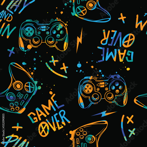 Abstract Seamless hand drawn pattern with joystick. Gamer elements for boy t-shirt design. Repeat print with gamepad sign for boys textile and more
 photo