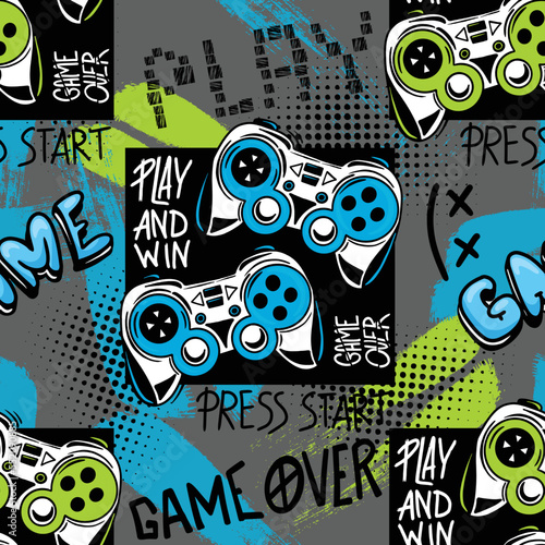 Abstract Seamless hand drawn pattern with joystick. Gamer elements for boy t-shirt design. Repeat print with gamepad sign for boys textile and more
