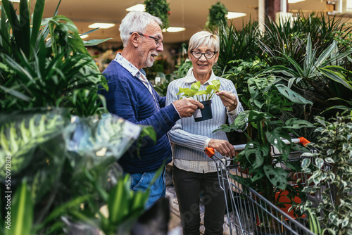 Canvas Print Senior couple are choosing potted plant at garden center.
