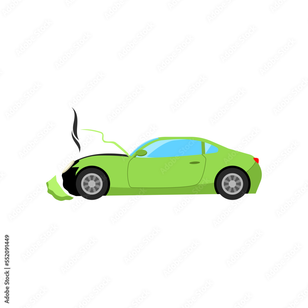 Broken front car after road accident cartoon illustration. Auto, automobile with broken motor and engine in need of repair. Damage, vehicle, fire concept