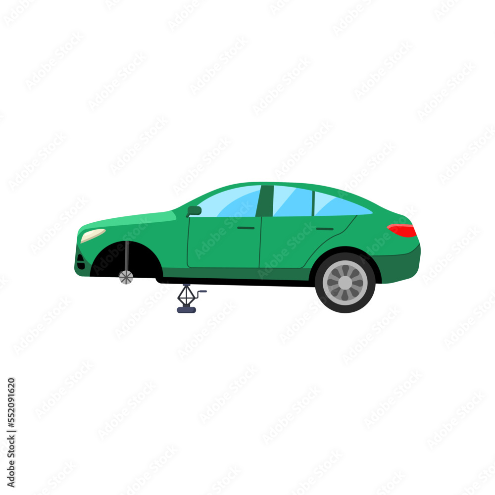 Broken car without wheel cartoon illustration. Auto, automobile without wheel in need of repair. Damage, vehicle, fire concept