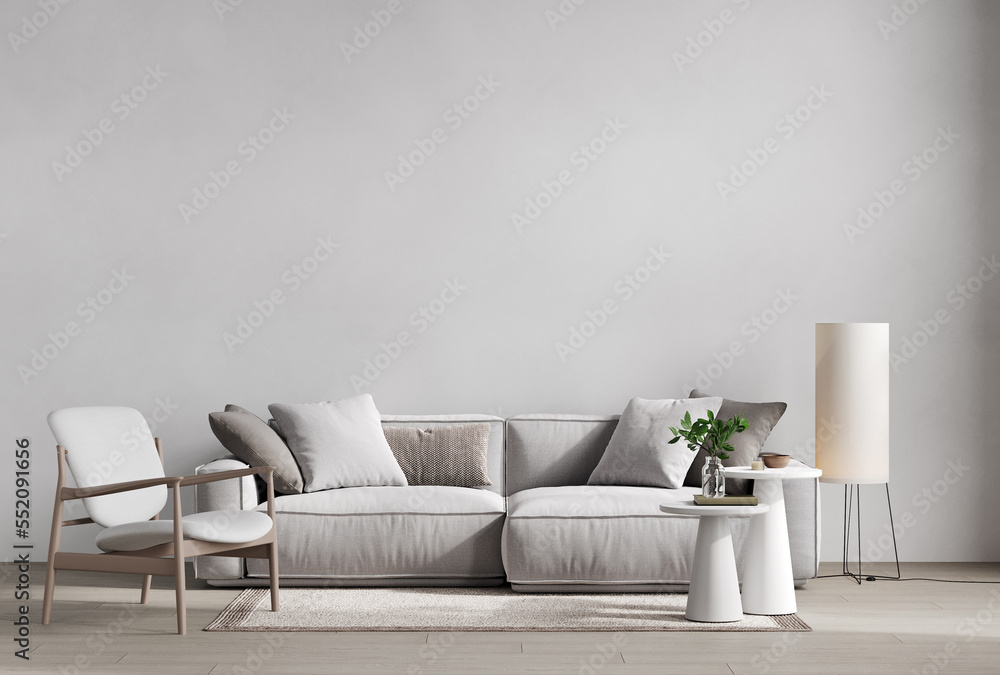 Contemporary gray white interior with furniture and decor. 3d render illustration mockup. - obrazy, fototapety, plakaty 