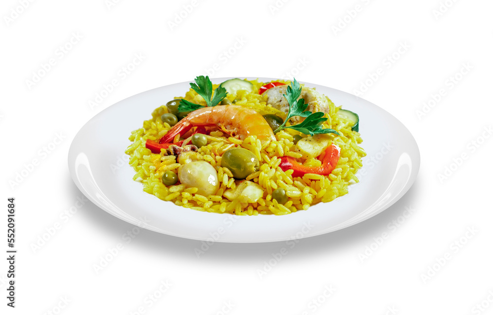 paella, typical Spanish dish made with rice, fish and vegetables