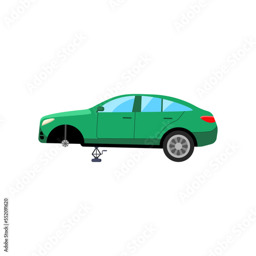 Broken car without wheel cartoon illustration. Auto, automobile without wheel in need of repair. Damage, vehicle, fire concept