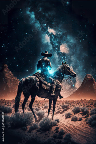 Western Cowboy riding his horse at night under the milky way galaxy - Digital painting