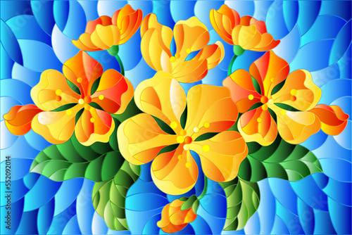 Wallpaper Mural Illustration in stained glass style with a branch of flower blossoms, flowers, buds and leaves on a blue background Torontodigital.ca