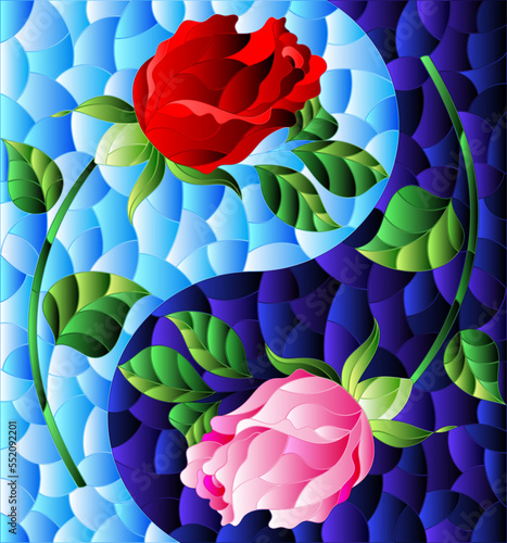 Illustration in stained glass style with rose flowers in the form of a Yin Yang sign on a blue background, rectangular image
