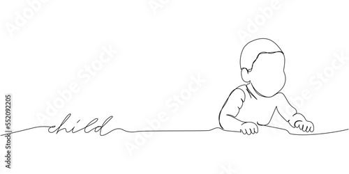 Small child one line art with an inscription. Continuous line drawing of child, childhood, newborn, new life, son, daughter, silhouette, motherhood.