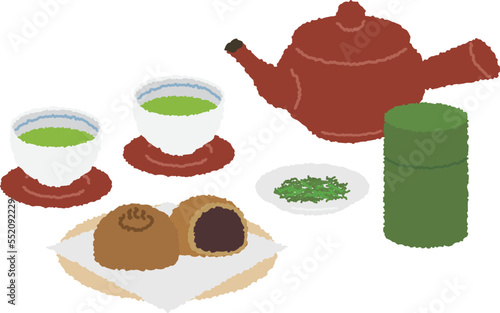 Japanese tea and Japanese sweets called "hot spring manju" in Japan.