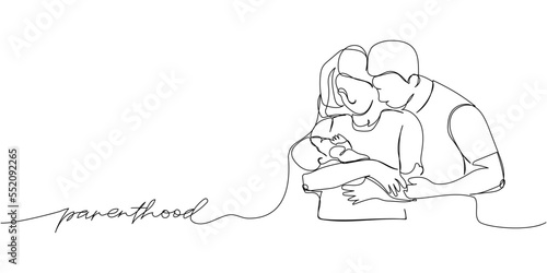 Happy family, husband, wife and child one line art with an inscription parenthood. Continuous line drawing of newborn, motherhood, family, love, mutual understandin, married couple.