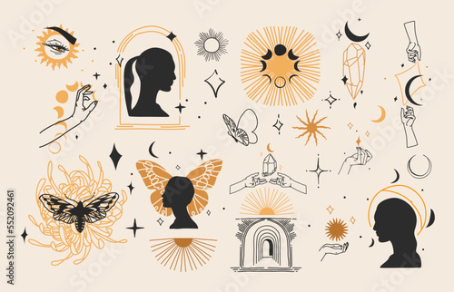 Hand drawn vector abstract graphic illustration with logo elements collection set,magic crescent,butterfly,flowers,moon and human hands white silhouettes,isolated. Mystical butterfly design concept.