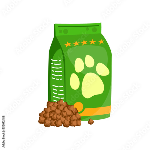 Green bag of food for dogs with paw cartoon illustration. Cartoon drawing of pet food or snack isolated on white background. Pet shop, domestic animal, care concept