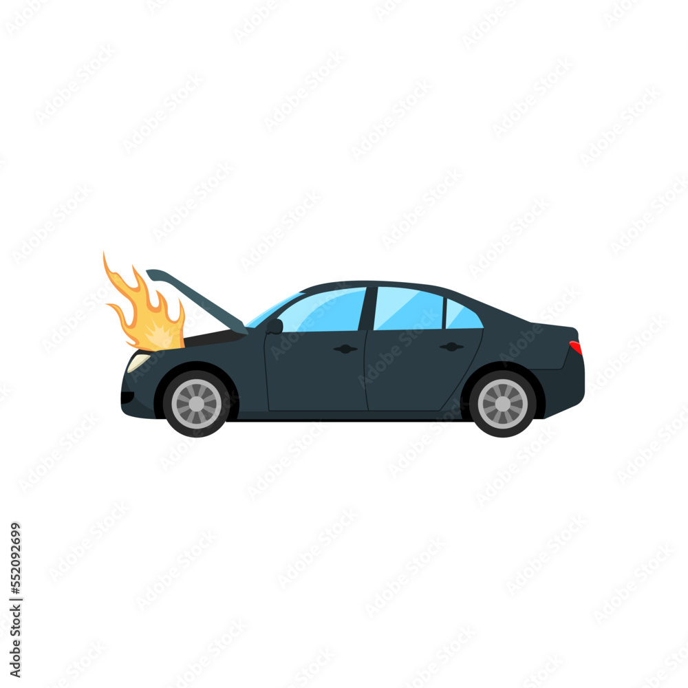 Broken car with engine or motor on fire cartoon illustration. Auto, automobile with motor and engine on fire in need of repair. Damage, vehicle, fire concept