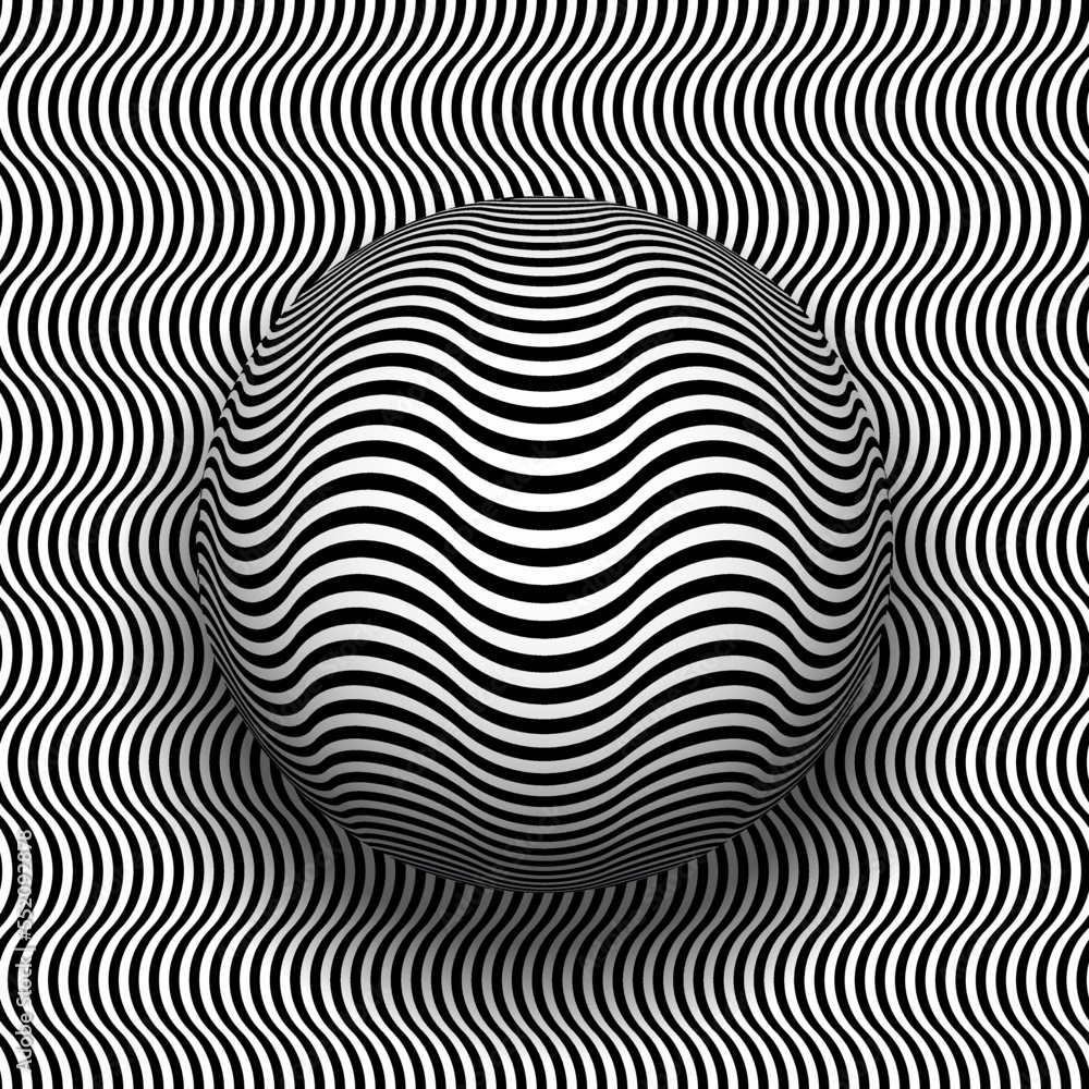 Trippy rippled sphere on same patterned background. Vector black white optical art illustration.